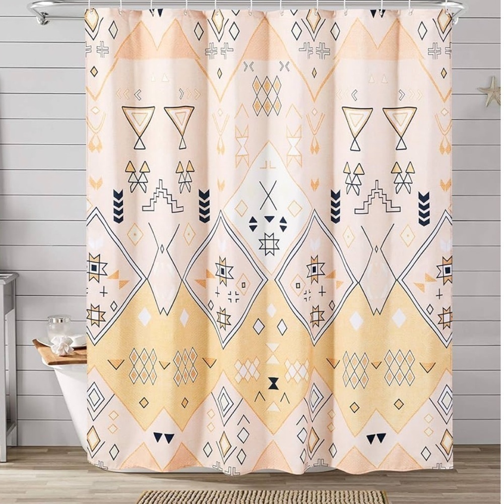 NIB Yellow Tribal Geometric Fabric Bathroom Shower Curtain Set, Aztec Bohemian